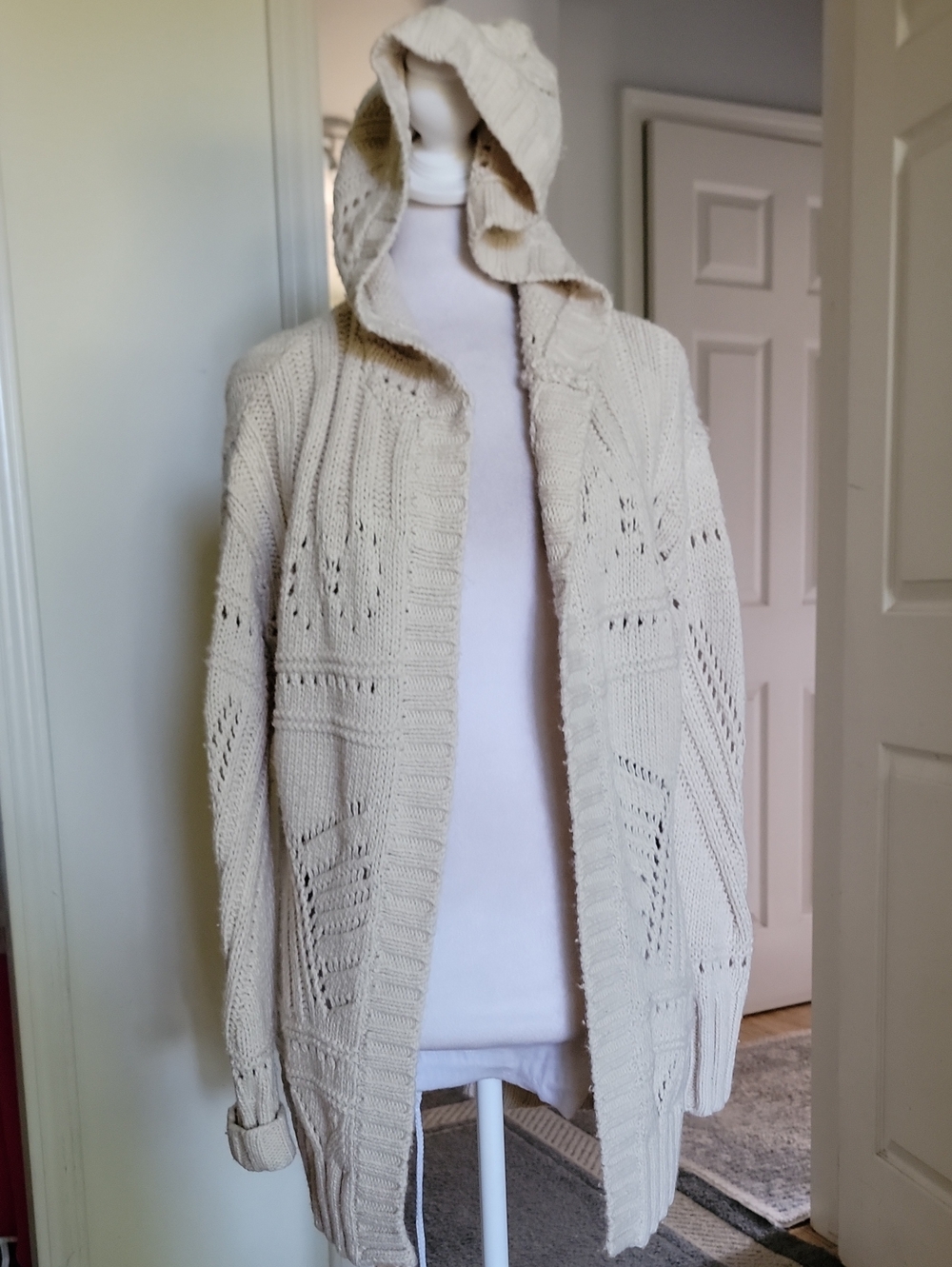 American Eagle Outfitters Extra Small Cream Hooded Open Knit Cardigan